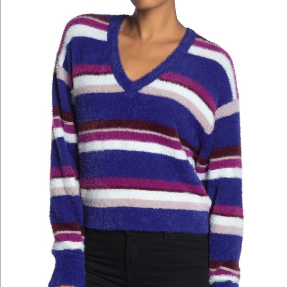 Splendid Striped Fuzzy V-neck Dolman Sleeve Sweater - Picture 1 of 10